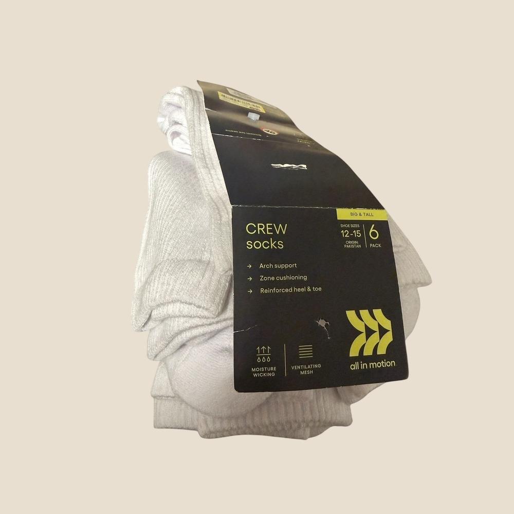 Men's Active Crew Socks 6pk - All in Motion White size 13-15